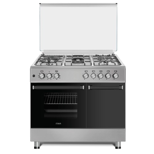 MIKA Standing Cooker, 90cm x 60cm, 4 Gas Pool Jet Burners (1 Wok) + 1 RAPID Hot Plate, FLAME FAILURE SAFETY, Auto Ignition, 6 Function Electric Oven (Convection Fan), GAS CYLINDER CABINET, Rotisserie, Half Inox MST9041WEG6HI