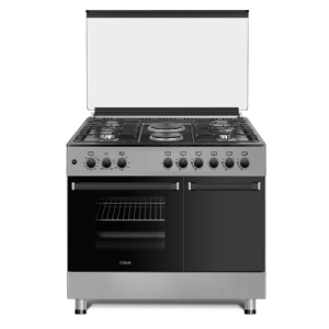 MIKA Standing Cooker, 90cm x 60cm, 4 Gas Pool Jet Burners + 2 RAPID Hot Plates, Auto Ignition, 4 Function Electric Oven, GAS CYLINDER CABINET, Rotisserie, S.S Hob, Silver Body MST9042EG4SB