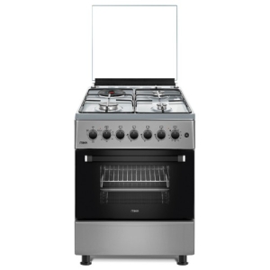 MIKA Standing Cooker, 58cm x 58cm, 3 Gas Pool Jet Burners + 1 RAPID Hot Plate, Button Ignition, 4 Function Electric Oven, Rotisserie, Black Hob, Silver Body MST58U31E3SLEM