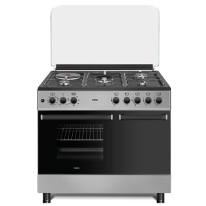 MIKA Standing Cooker, 90cm x 60cm, 4 Gas Pool Jet Burners (1 Wok) + 1 RAPID Hot Plate, Auto Ignition, 4 Function Electric Oven, GAS CYLINDER CABINET, Rotisserie, Mirror Black Hob, Silver Body MST9041WEG4SB
